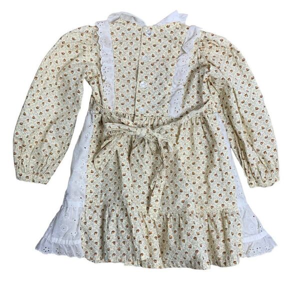 Vintage Handmade Eyelet Lace Dress 4-5 Cream Rosette Floral Buttons Tie Waist - Picture 4 of 5